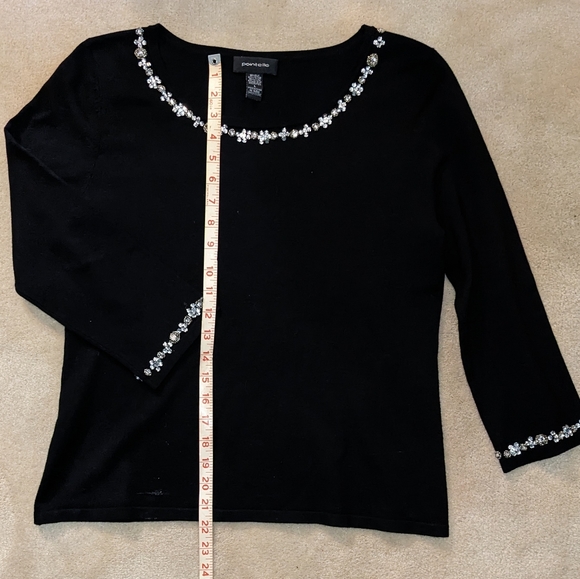 Women's Pointelle Silk/Viscose Blend Bedazzled Black Top, Classic, Event, Sz‎ L - Picture 4 of 7